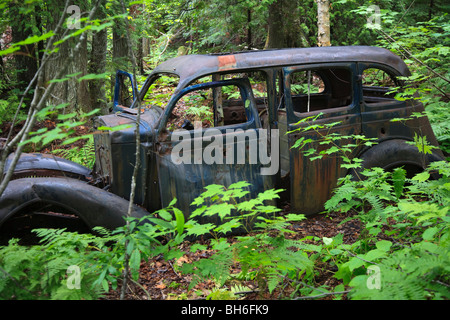 Verlassene Wrack einer Kugel durchlöchert altes Auto im Wald in der Nähe von Copper Harbor, Michigan, USA Stockfoto