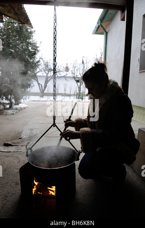 Ein Kessel Gulasch kochen im Hof eines Hauses in Ungarn Stockfoto