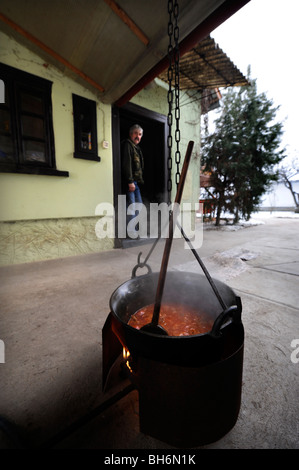 Ein Kessel Gulasch kochen im Hof eines Hauses in Ungarn Stockfoto