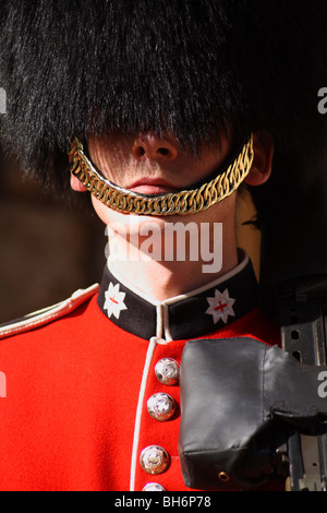 Britischer Soldat auf Wache in Regiments Uniform in den Tower of London, City of London, Vereinigtes Königreich. Stockfoto