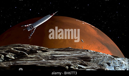 Ein Raumschiff im Orbit über Mars Mond Phobos, mit dem roten Planeten Mars im Hintergrund. Stockfoto