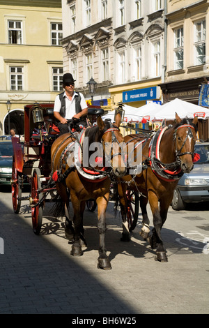 Pferd Kutsche zur Personenbeförderung Touristen rund um Krakau, trabt in der Nähe von The Main Market Square / Markt Platz. Krakau. Polen. Stockfoto