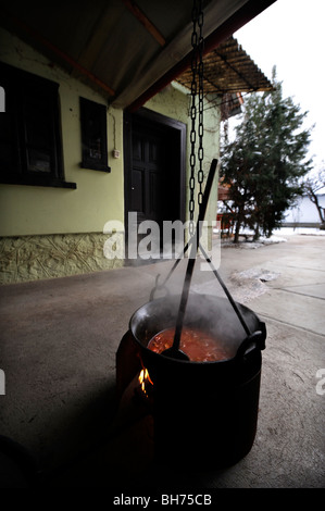 Ein Kessel Gulasch kochen im Hof eines Hauses in Ungarn Stockfoto