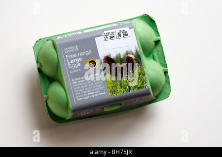 Ei Box geschlossen - 6 grosse Eier aus Freilandhaltung Marks & Spencer auf weißem Hintergrund - eggbox Stockfoto