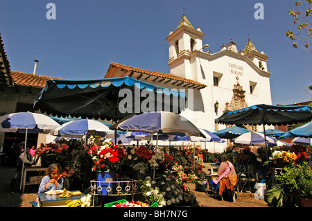 Ecuador, Cuenca, Blick auf einem Blumenmarkt im Schatten der Sonnenschirme auf dem Platz vor dem weißen Kloster El Auto Stockfoto