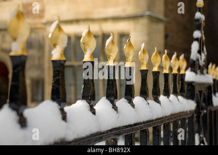 Nahaufnahme von verzierten Geländern, die in Schnee bedeckt sind, außerhalb von King's Manor auf dem Winter Exhibition Square York North Yorkshire England Großbritannien Stockfoto