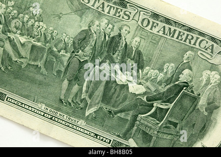 "Unabhängigkeitserklärung 1776" auf der Rückseite von zwei Dollar bill Stockfoto