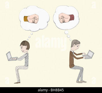 Sprechblasen mit Fäusten über zwei Personen Rücken an Rücken auf Laptops arbeiten Stockfoto
