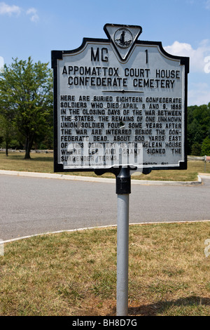 Appomattox Court House Konföderierten Friedhof MG-1 Virginia historische Markierung, VA Geschichte Wahrzeichen Stockfoto