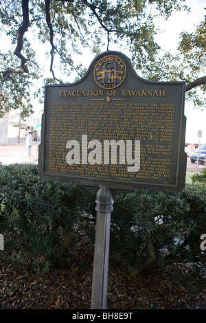 Evakuierung von Savannah Georgia historische Markierung, GA Geschichte Wahrzeichen Savannah Chatham County Vereinigte Staaten von Amerika Stockfoto