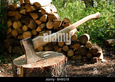 Eine Axt stecken in einem Protokoll vor einem Haufen von Holz Stockfoto