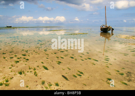 hölzerne Fischerboote untätig bei Ebbe auf dem Sand spucken vor Nungwi Beach in Sansibar. Sky schließt in den ruhigen Gewässern. Stockfoto