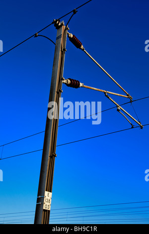 25KV Wechselstrom elektrifizierte Eisenbahn Freileitung Ausrüstung Gantries Ostküste Hauptlinie Peterborough Cambridgeshire Stockfoto