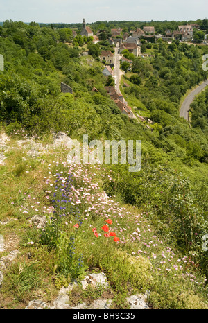 Wildblumen auf der Böschung in der Nähe von Rocamadour, Lot, Occiranie, Frankreich, Europa im Sommer Stockfoto