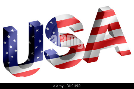 USA-3D Schriftzug mit Stars And Stripes Nationalflagge Einschub in Facetten Stockfoto