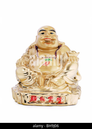 Goldene Statuette von Sitzender Buddha auf weiß Stockfoto