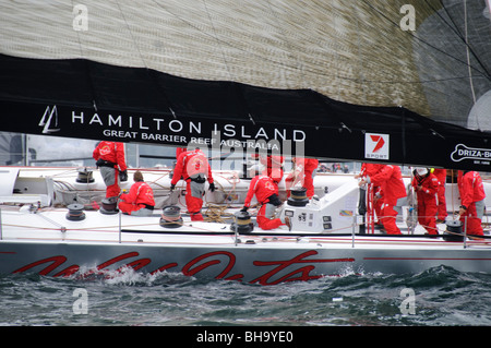 SYDNEY, Australien - Sydney, Australien - Super Maxi Yacht Wild Oats XI zu Beginn des Jahres 2009 Rolex Sydney Harbour Yacht Race im Hafen von Sydney. Wild Oats war Skipper Mark Richards und wurde 2. in der allgemeinen Linie ehren. Stockfoto