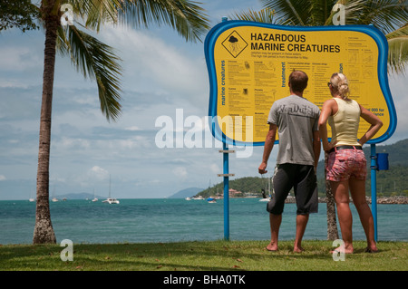 Touristen auf der Suche um gefährliche marine Kreatur Warnung am Airlie Beach in Queensland Stockfoto