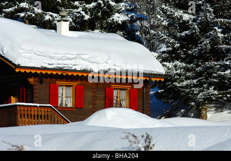 Chalet, bedeckt mit einer dicken Schicht Schnee in einem winterlichen Wald, Givrine, St. Cergue, Jura, Schweiz Stockfoto