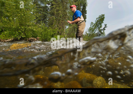 Unterwasser Perspektive ein Fliegenfischer Angeln auf Regenbogenforellen in Montana Creek, Yunan, Alaska Stockfoto