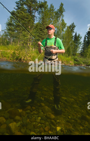 Unterwasser Perspektive ein Fliegenfischer Angeln auf Regenbogenforellen in Montana Creek, Yunan, Alaska Stockfoto