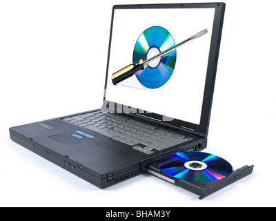 Isolierte schwarzer Laptop mit einem DVD-Fach und einem technischen Support-Symbol auf dem Bildschirm. Stockfoto