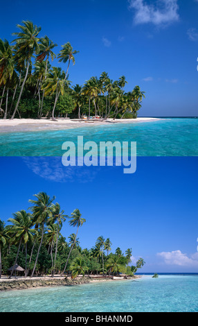 Strand-Erosion, obere Bild im Jahr 1990, dasselbe Bild unten Bild im Jahr 1995. "globale Erwärmung" im Indischen Ozean, Malediven Stockfoto