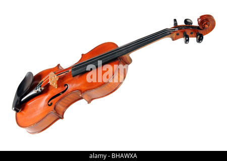 Vintage Violine in Frontalansicht isoliert auf weißem Hintergrund Stockfoto