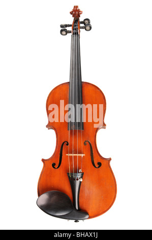 Vintage Violine in Frontalansicht isoliert auf weißem Hintergrund Stockfoto