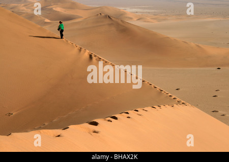 Wandern entlang der unberührten Grat einer riesigen roten Sanddüne in der Wüste von Namibia Stockfoto