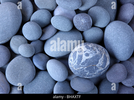 Nahaufnahme von glatten Granit Kiesel am Hurlestone Strand, Somerset, England füllen Rahmen. Stockfoto