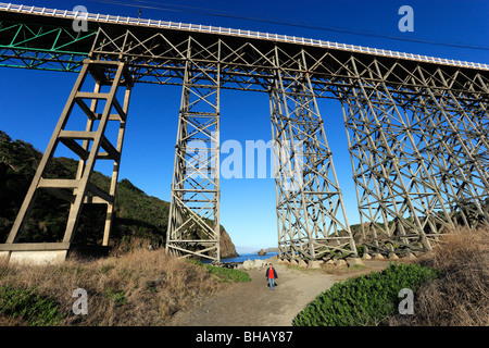 Frau zu Fuß unter ein Deck Fachwerkbrücke über Albion River auf CA 1, Albion, Mendocino County, Kalifornien, USA, 2009 Stockfoto