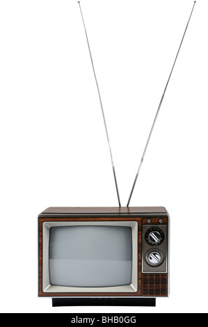 Vintage TV mit Antenne isoliert auf weißem Hintergrund Stockfoto