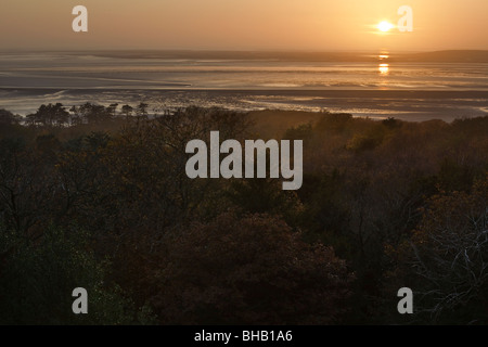 Blick auf den Sonnenuntergang über Morecambe Bucht von Traufe Holz, Silverdale, Lancashire, England Stockfoto