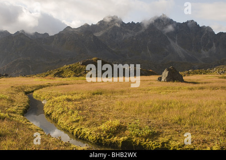 Kleiner Bach durch Tundra mit Talkeetna Berge Gipfeln im Abstand, Reed Seen, Erzengel Talbereich, Alaska Stockfoto