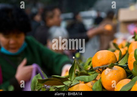 Leckere Orangen verkauft in einem Freiluftmarkt in Nanjing. Stockfoto