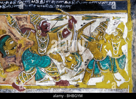 17. Jahrhundert Ramayana Gemälde in Vishnu Tempel in Alagar Kovil in der Nähe von Madurai. Stockfoto