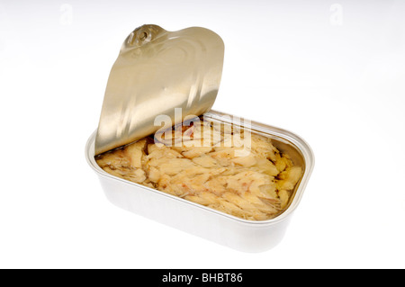 Öffnen Sie Dose Makrelen Filets in Öl mit auf weißem Hintergrund, ausgeschnitten. Stockfoto