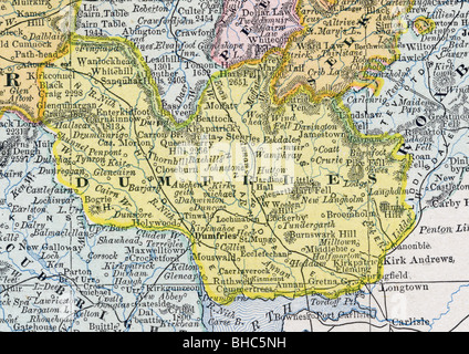 Original alte Karte von Dumfries Grafschaft (Schottland) von 1884 Geographie-Lehrbuch Stockfoto