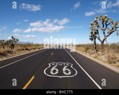 Route 66 Pflaster Schild mit Joshua Bäume in Südkalifornien. Stockfoto