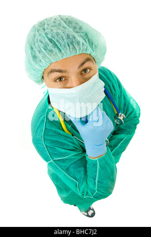 jungen männlichen Arzt, Ganzkörperansicht, isoliert auf weißem Hintergrund Stockfoto