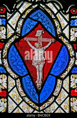 Detail aus einem Buntglas-Fenster zeigt die Kreuzigung, Allerheiligen Kirche, große Thirkleby Stockfoto