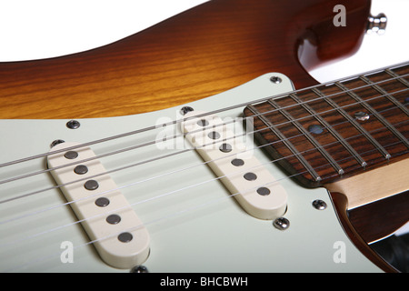 Detail-Aufnahme von ein Sunburst Fender Stratocaster Gitarrenkörper Stockfoto