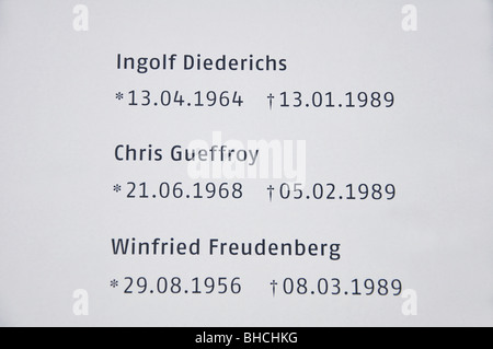 Berliner Mauer-Gedenkstätte mit Namen der Opfer Stockfoto