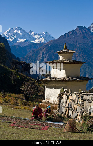 Nonnen trocknen Wacholder-Filialen in der Nähe eine Chorten und Mani Mauer an einem abgelegenen tibetischen buddhistischen Kloster - NEPAL HIMALAYA Stockfoto