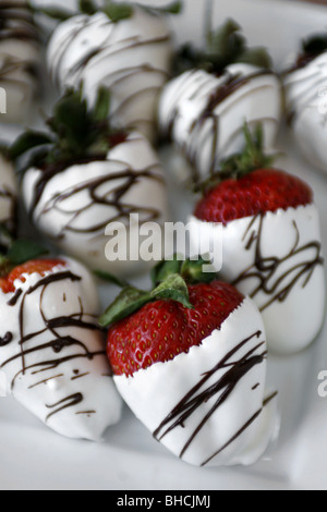 Erdbeeren, eingetaucht in weißer Schokolade, Mister Apple, French Quarter, New Orleans, Louisiana, USA Stockfoto