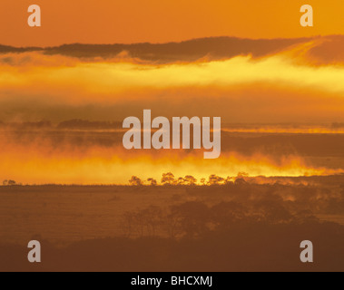 Morgennebel über Landschaft, Kushiro - shitsugen, Hokkaido, Japan Stockfoto