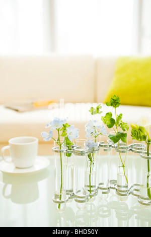 Couchtisch mit Blumen in der Vase und Kaffee Tasse Stockfoto