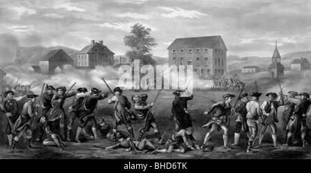Schlacht von Lexington - Linie von Minute Men wird von britischen Truppen in Lexington, Massachusetts - USA Unabhängigkeitskrieg beschossen Stockfoto