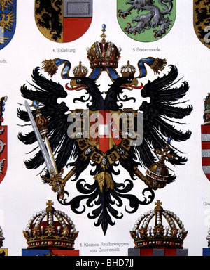 Heraldik, Wappen, Österreich-Ungarns, kleines Kaiserliches Wappen, Farblithograph, Meyers Konversationslexikon, 1908, Stockfoto